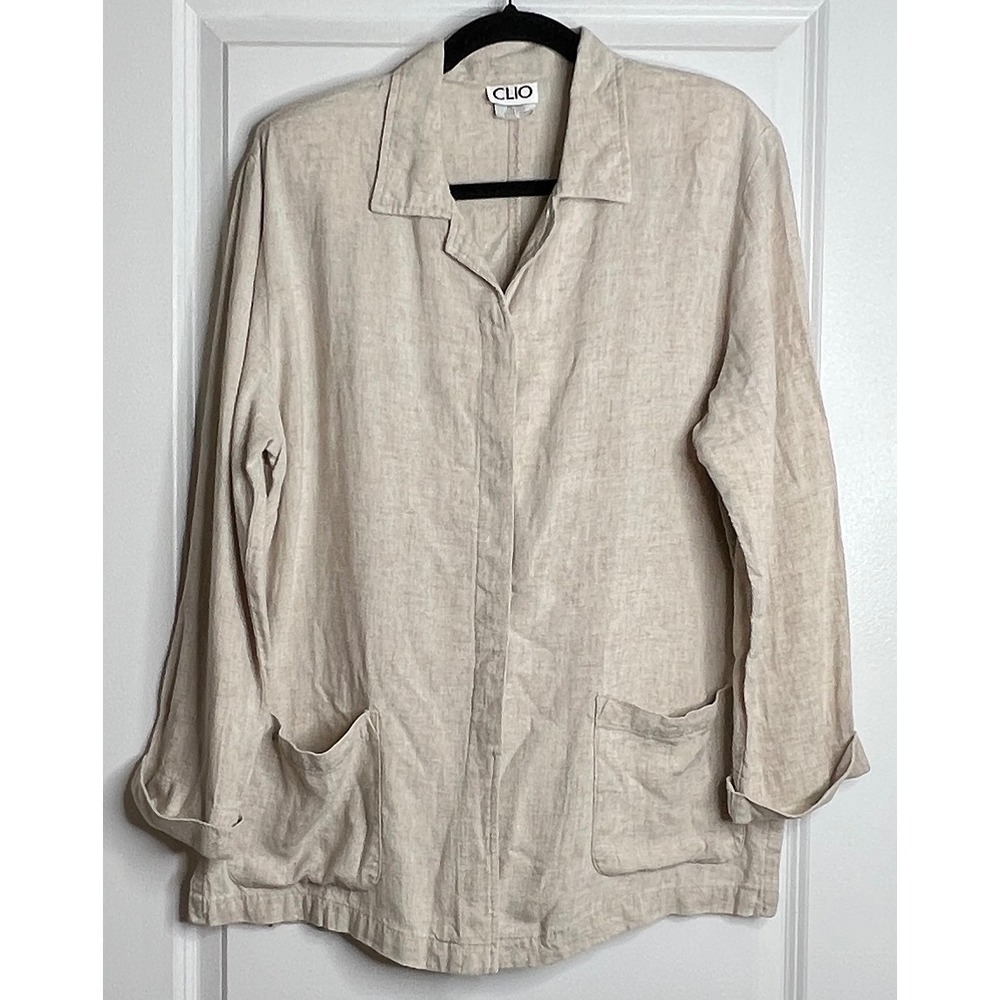 Clio Vintage Linen Blend Jacket Medium Beige Button Front Chore Shacket USA Made